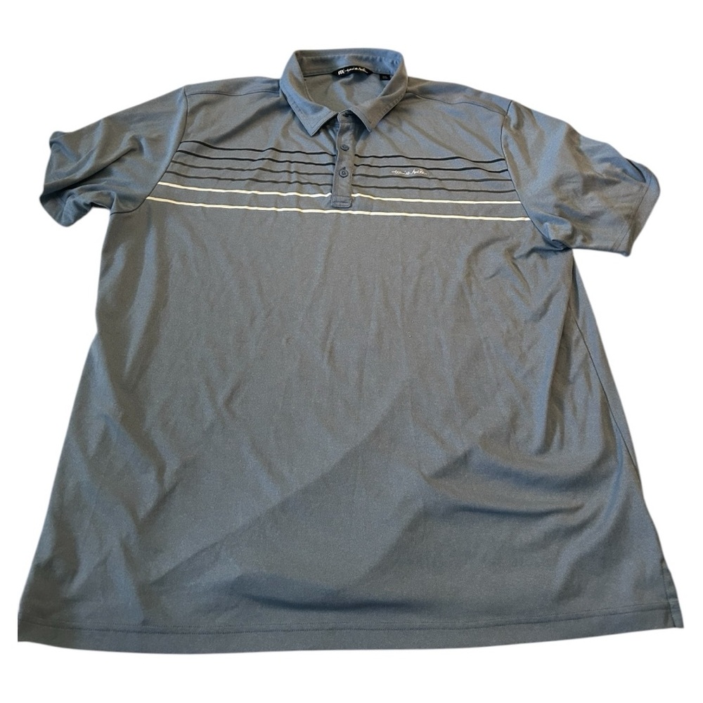 Travis Mathew blue polo striped detail black white
